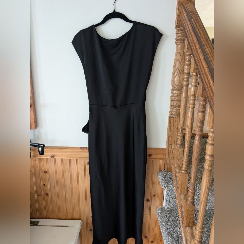 Anthropologie BHLDN Louisa Satin Charmeuse Black Front Tie Midi Dress Size 4 - Picture 12 of 12
